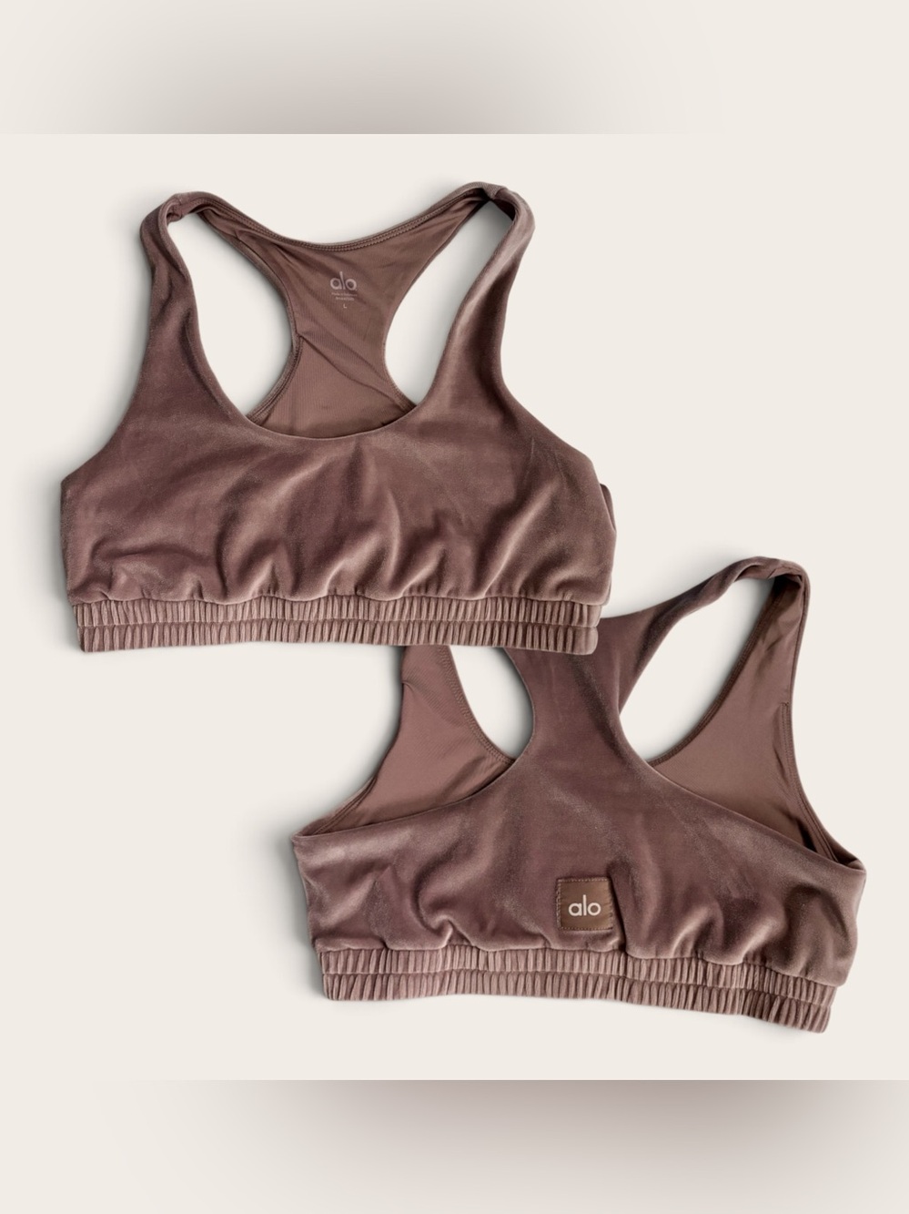 ALO Yoga Sports Bra Velour Glimmer Scoop Neck Cocoa Brown Sz L Racerback